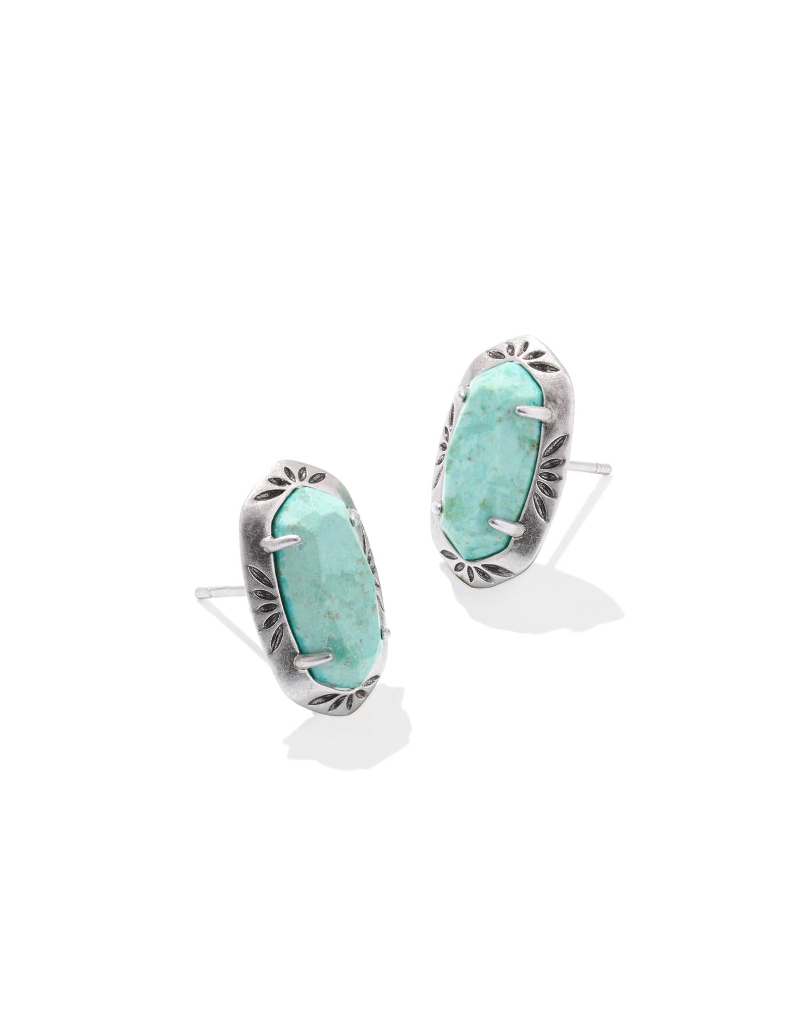 Ellie Vintage Silver Etch Frame Stud Earrings in Sea Green Chrysocolla