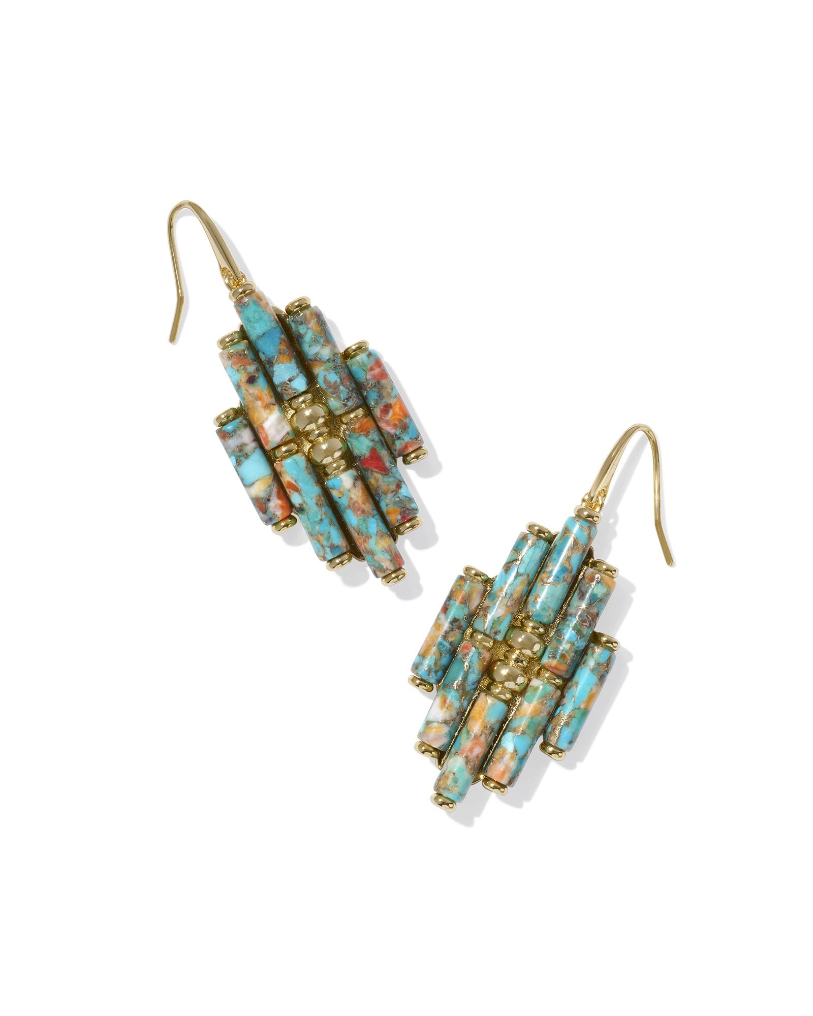 Ember Gold Drop Earrings in Bronze Veined Turquoise Magnesite Red Oyster