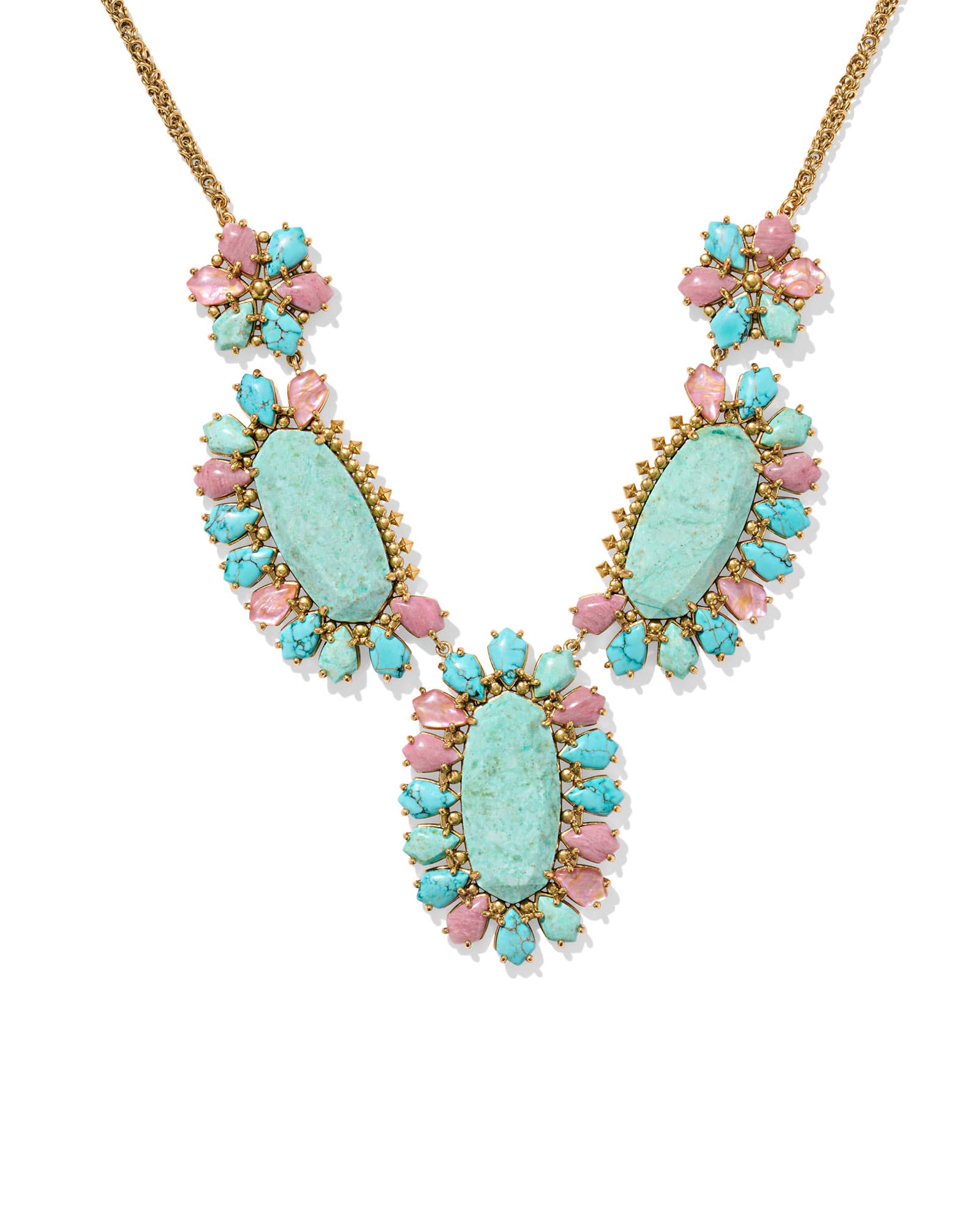 Flynn Vintage Gold Statement Necklace in Teal Pink Mix