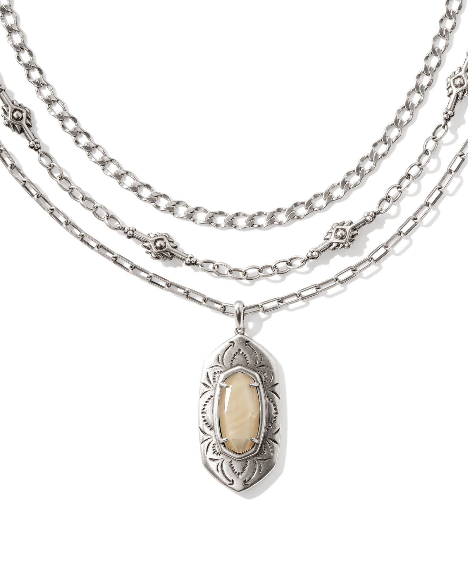 Keziah Vintage Silver Multi Strand Necklace in Natural Mother-of-Pearl