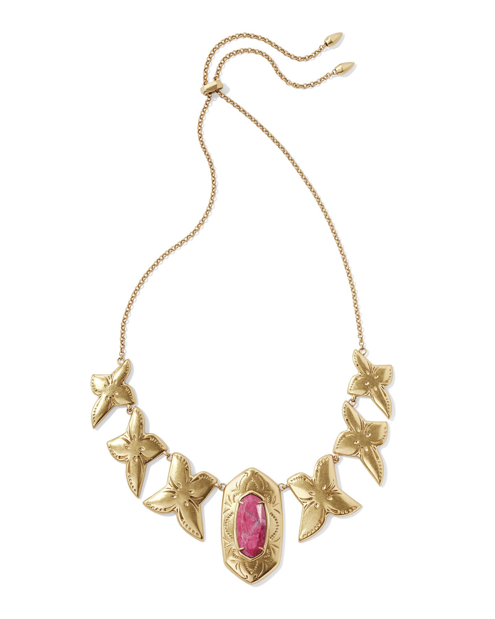 Keziah Vintage Gold Statement Necklace in Raspberry Variegated Magnesite