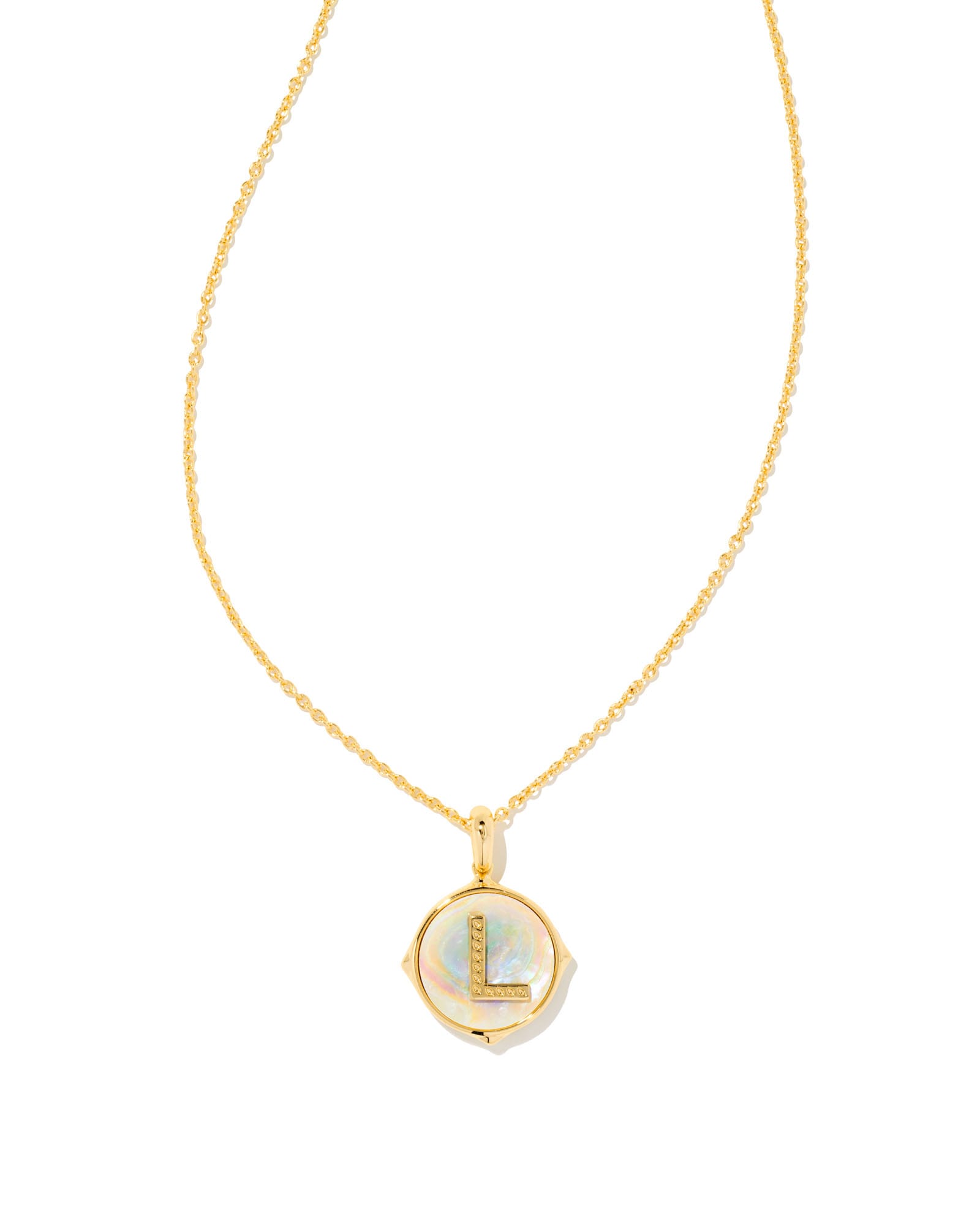 Letter L Gold Disc Reversible Pendant Necklace in Iridescent Abalone