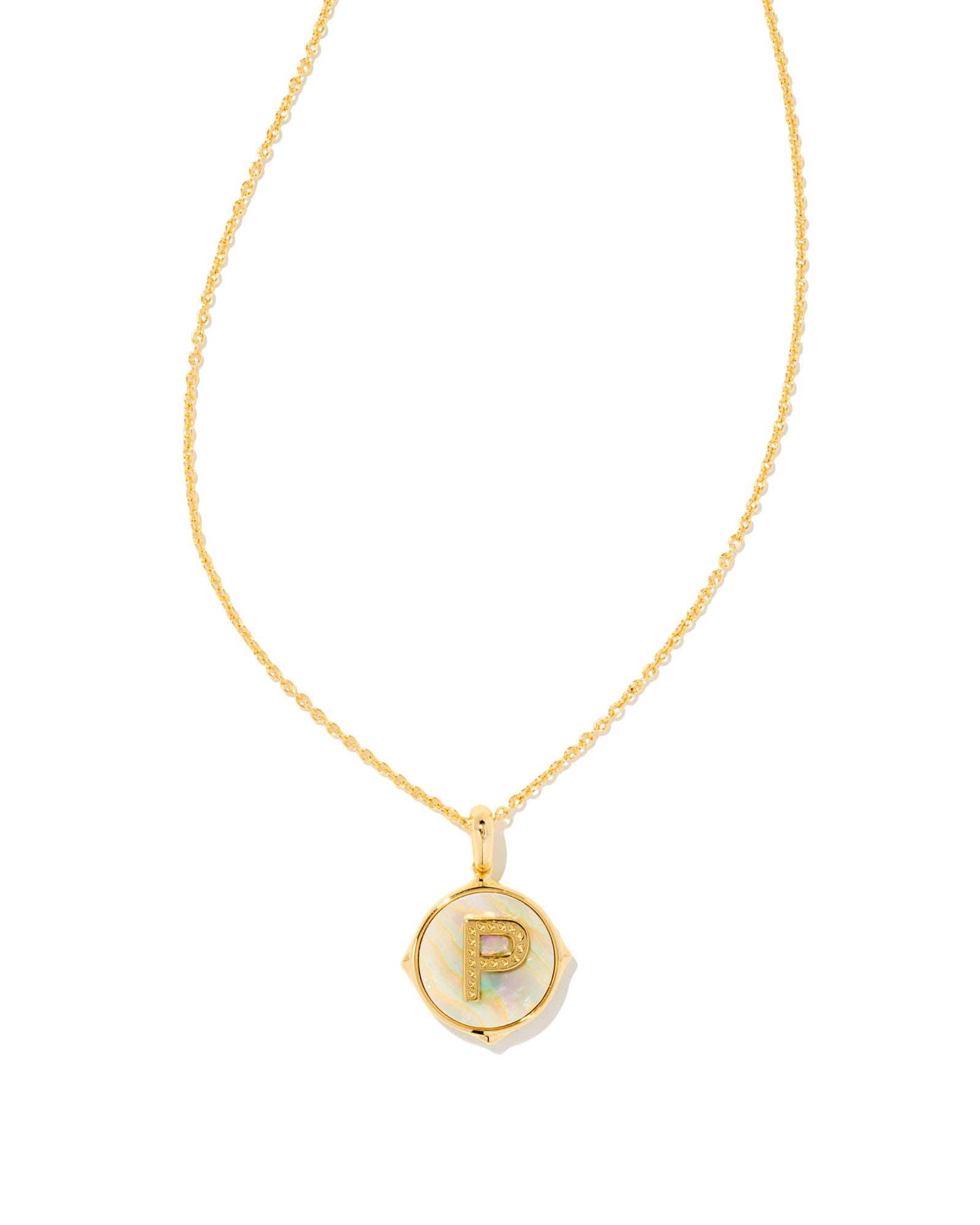 Letter P Gold Disc Reversible Pendant Necklace in Iridescent Abalone