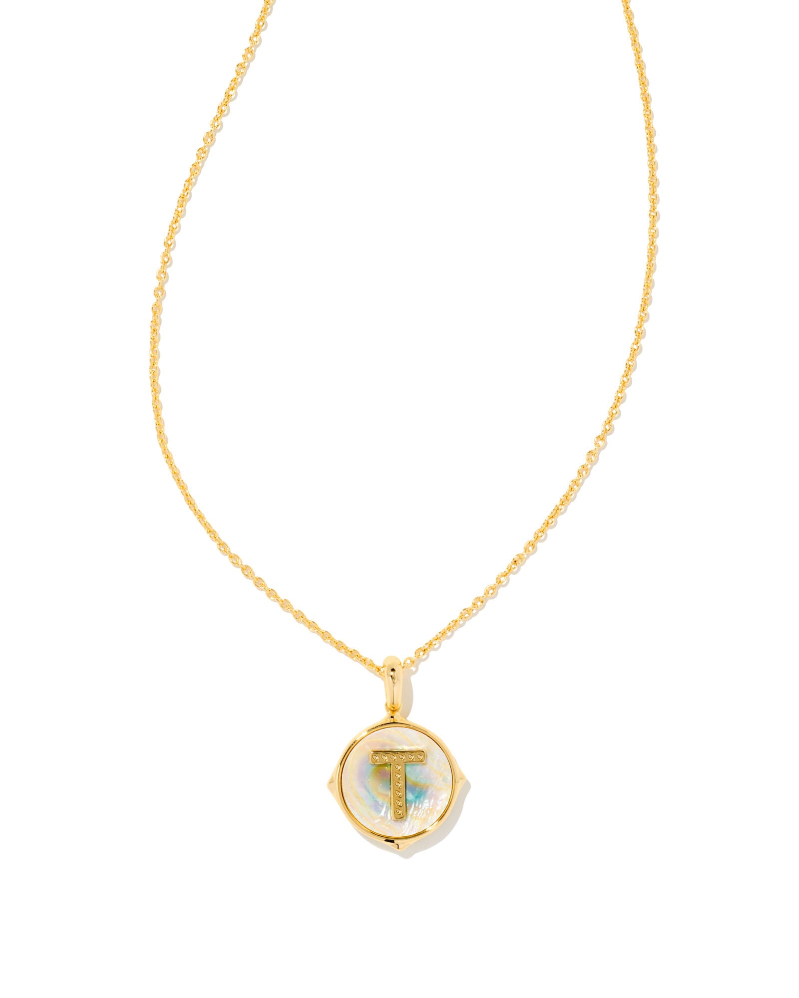 Letter T Gold Disc Reversible Pendant Necklace in Iridescent Abalone
