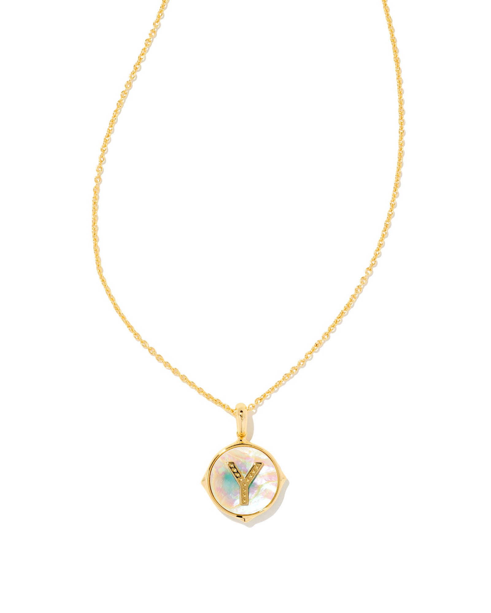 Letter Y Gold Disc Reversible Pendant Necklace in Iridescent Abalone